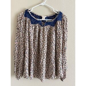 Sundance Womens Floral Crochet Yoke Boho Blouse Blue Orange Rayon Size Large